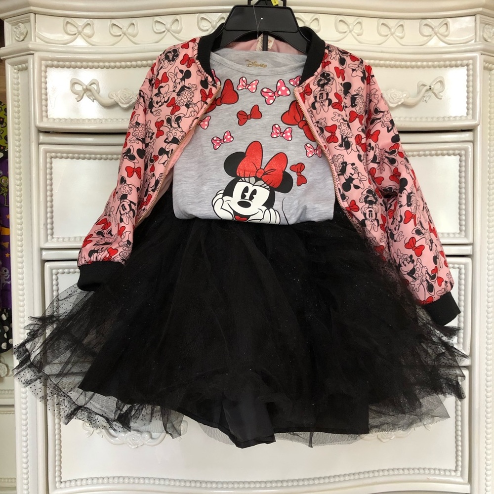 New TUTU COUTURE 3pc Disney Minnie set jacket top outfit pink red black 7-8